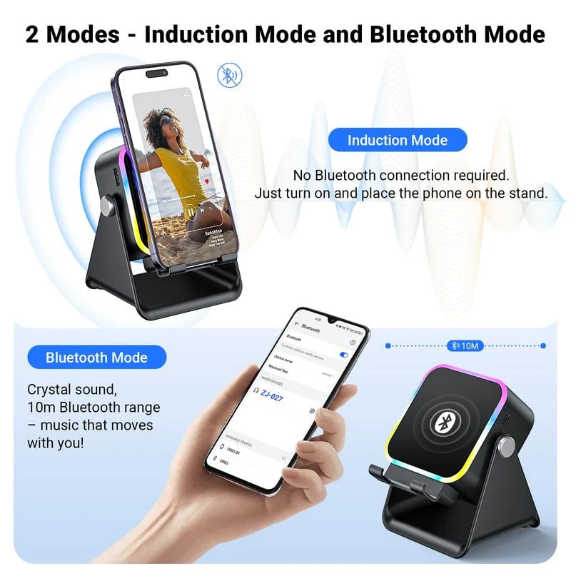 🎶📱  5-in-1 Wireless Induction Bluetooth Speaker with Adjustable Phone Stand - Image 3