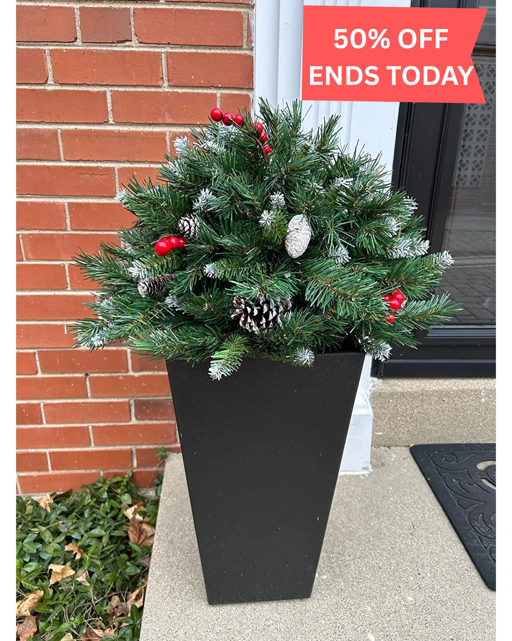 Pre-lit Artificial Christmas Tree Urn Filler ~ Weatherproof sparkle for entryways and patios.