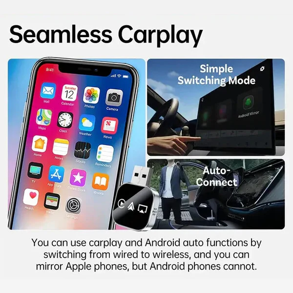 2026 Upgrade 3 in 1 Screen Mirror iOS & Android Phone, wired to wireless Carplay adapter - Image 4